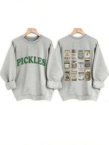 [Olive Green Sweatshirt] Soft Olive Green Crewneck Sweatshirt |     PICKLES Letter Print & Pickle Jar Graphic - Mid-Stretch Fabric, Machine Washable - 灰色 - 查看 12