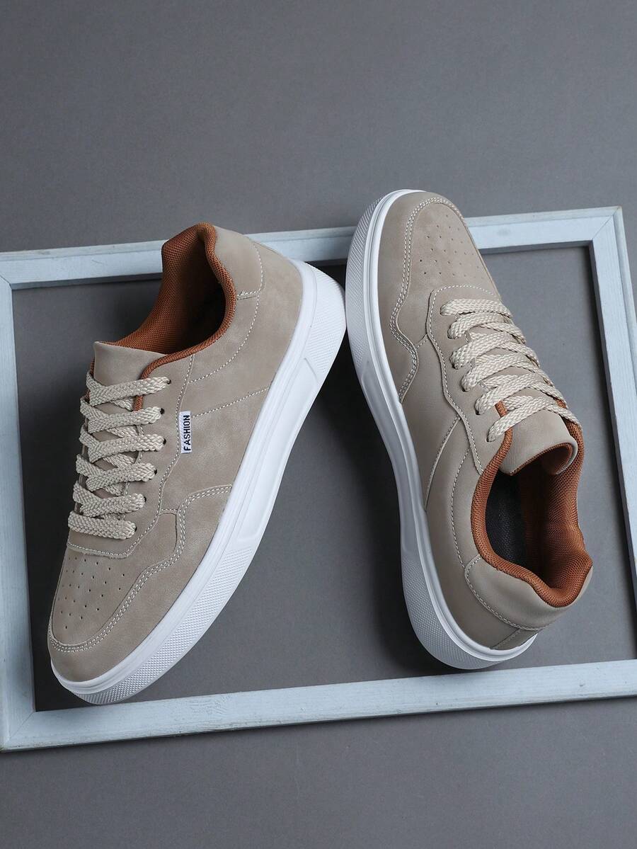Zapatos planos y casuales de suela gruesa para hombres, zapatillas deportivas con cordones de estilo clásico y elegante para patineta, zapatillas deportivas personalizadas casuales y de calle para hombres - Caqui - Ver 1