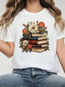 Women's Printed Blouse With Books And Flowers, 100% Cotton Shirt, Casual Spring/Summer T-Shirt With Flowers - 白色 - 查看 1
