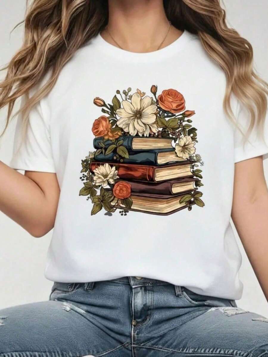 Women's Printed Blouse With Books And Flowers, 100% Cotton Shirt, Casual Spring/Summer T-Shirt With Flowers - 白色 - 查看 1