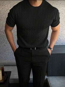Men's Casual Short-Sleeve Solid Color Knit Top - màu đen - Xem 3