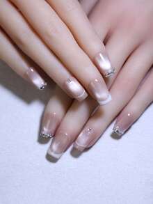 10片装短款方形白棕色撞色亮面猫眼法式美甲贴片，优雅可重复使用，持久耐用，快速上手，DIY日常美甲美妆 - 摩卡棕 - 查看 4