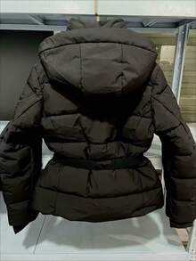 Women's Ski Series Stand Neck Hooded With Belt Warm Down Cotton Jacket - 黑色 - 查看 2