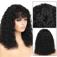 Jerry Curly Human Hair Wigs With Bangs Virgin Human Hair Glueless Scalp Base Top Full Machine Made Wig For Women Brazilian Curly Wigs Natural Color 16 Inch - Black - View 8