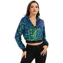 Women's Sequin Zip-Up Hooded Jacket With Ribbed Hem And Long Sleeves For Party Wear - Green - View 3