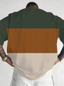 Camiseta de hombre talla grande con estampado a cuadros y contraste, de tela de punto de poliéster, cuello redondo, ajuste casual, diseño gráfico novedoso - Caqui - Ver 2