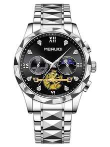 1pc Men's Business Steel Band Triple Eye Chronograph Moon Phase Luminous Fashionable Casual Versatile Quartz Wrist Watch