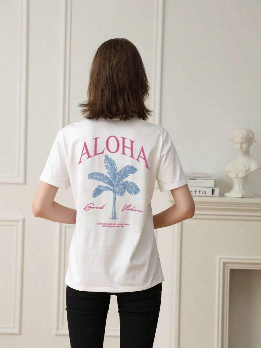 2026 Summer Shirts Women's New Palm Tree Slogan Print Casual Round Neck Short Sleeve T-Shirt, Fashionable Resort Style, Your Daily Essential Item. Gr - 白3 - 查看 1