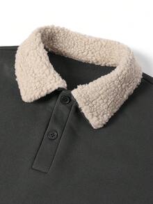 Camvyn Nuevo sudadera con cuello de sherpa de retazos para hombre, de moda casual, para otoño/invierno - Gris Oscuro - Ver 3