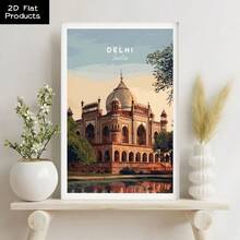 1Pc Canvas Framed Wall Art Delhi, Taj Mahal, Architecture, Vintage Illustration Print Painting Poster Picture Home Decor Gift Wall Decorations For Home, Living Room, Bedroom, Bathroom, Office Decor, Ready To Hang, 2D Flat - 彩色 - 查看 5