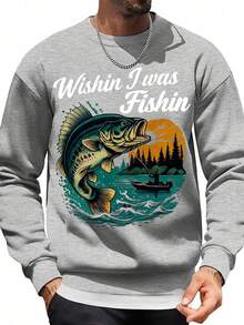 Wishin I Was Fishin Fishing Sweatshirt Outdoor Adventure Bass Fishing Graphic Pullover Crewneck Sweatshirt For Men Women Unisex Casual Wear Hunting Camping Wildlife Lover Gift - Xám - Xem 1