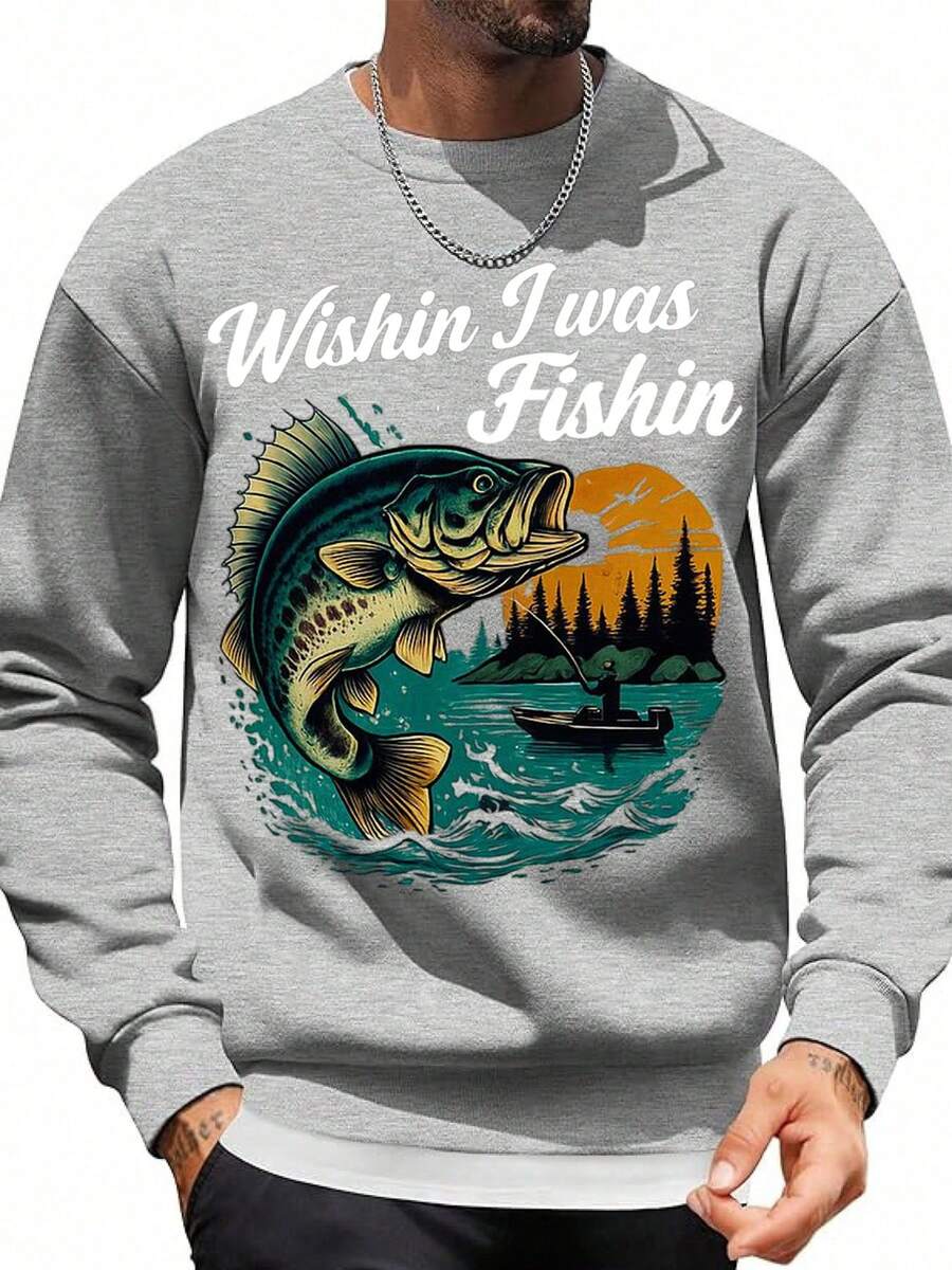 Wishin I Was Fishin Fishing Sweatshirt Outdoor Adventure Bass Fishing Graphic Pullover Crewneck Sweatshirt For Men Women Unisex Casual Wear Hunting Camping Wildlife Lover Gift - Xám - Xem 1