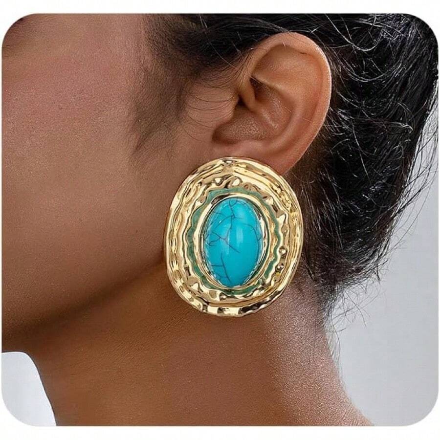 Chunky Gold Turquoise Statement Earrings Women,Vintage Big Oval Dangle Drop Earrings,Boho Exaggerated Western Jewelry Accessories - màu ngọc lam - Xem 1