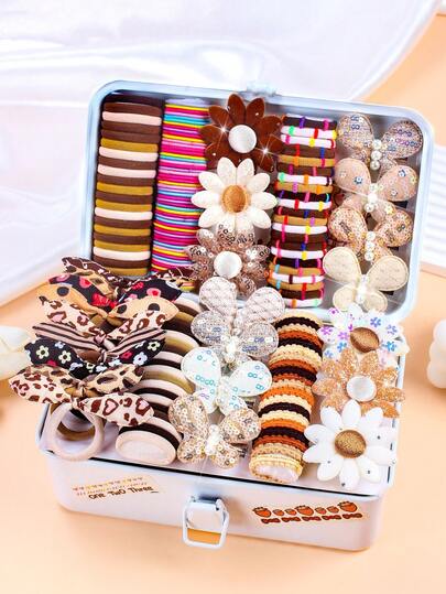 236件/套咖啡色仿珍珠蝴蝶向日葵发饰套装，包含发圈、兔耳朵发绳、向日葵蝴蝶发夹 - 适合女孩和女士，打造温暖的冬季日常、派对、旅行等造型，包含头饰、爪夹、马尾发圈、发带等。