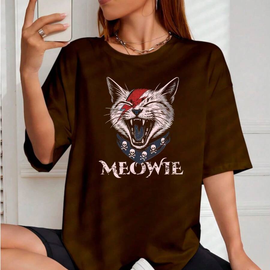 Camiseta Feminina Over Gato MEOWIE Rock Estampada Básica