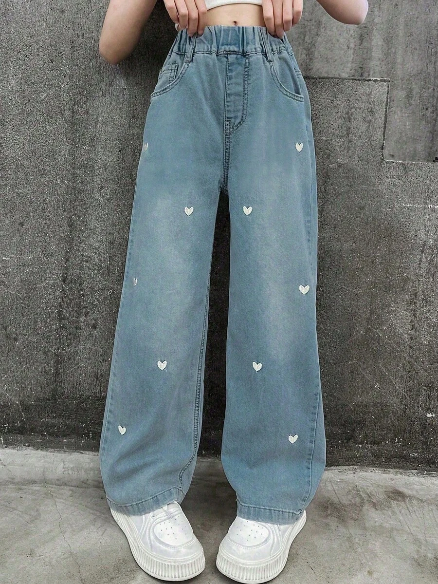 Tween 女童心形印花刺绣阔腿牛仔裤 - 淺藍色 - 查看 1