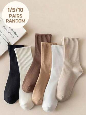1/ 5/ 10 Pairs Of 5-Color Mid-Calf Women's Socks For Warmth In Autumn And Winter