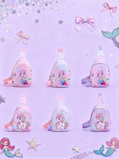 1个尼龙拉链时尚可爱卡通美人鱼独角兽迷你胸包，小巧设计，可调节肩带，可装零钱包和口红，斜挎包，适合日常使用，适合青少年购物、通勤、日常使用，可作为礼物赠送