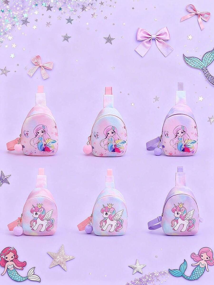 1pc Nylon Zipper Closure Fashion Cute Cartoon Mermaid Unicorn Mini Chest Bag, Niche Design Adjustable Shoulder Strap Change Lipstick Crossbody Bag Suitable For Daily Use, Bag, Suitable For Teenagers Shopping, Commuting, Daily Use, Give As A Gift - Cartoon Chest Bag - View 1