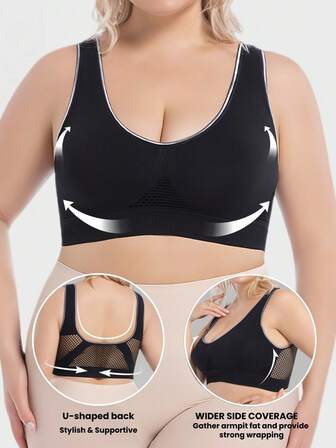 1pc Plus Size Women Seamless Hollow Wireless Sports Bra, Soft & Comfortable With Removable Pads, Suitable For Daily Wear And Yoga