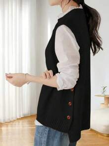 Plus Size Comfortable Knit Vest - Soft Sleeveless Solid Color Knit Vest, Suitable For Spring And Autumn, Comfortable And Casual, Suitable For Daily Wear - Black - View 3