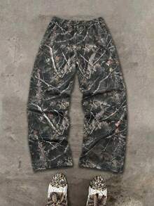Y2K Streetwear Camouflage Print Wide Leg Pants - Unisex Gothic Letter Graphic Loose Casual Trousers - 墨綠色 - 查看 2