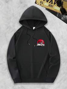 Japanese Style Racing Car With Red Sun And Shrine Background Men's Hoodie Fleece Lined For Warmth Anime Print Design Lazy Casual Campus Style - 黑色 - 查看 2