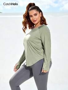 大码女式长袖宽松运动上衣，带拇指孔和镂空后背设计，适合秋季、冬季、健身房锻炼和春季休闲穿着。 - 薄荷綠 - 查看 5