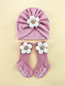2pcs Newborn Floral Headband Hat + Socks Set, 0-6 Months Baby Elastic Cap, Cute Swaddle Hat Infant Headwear Set