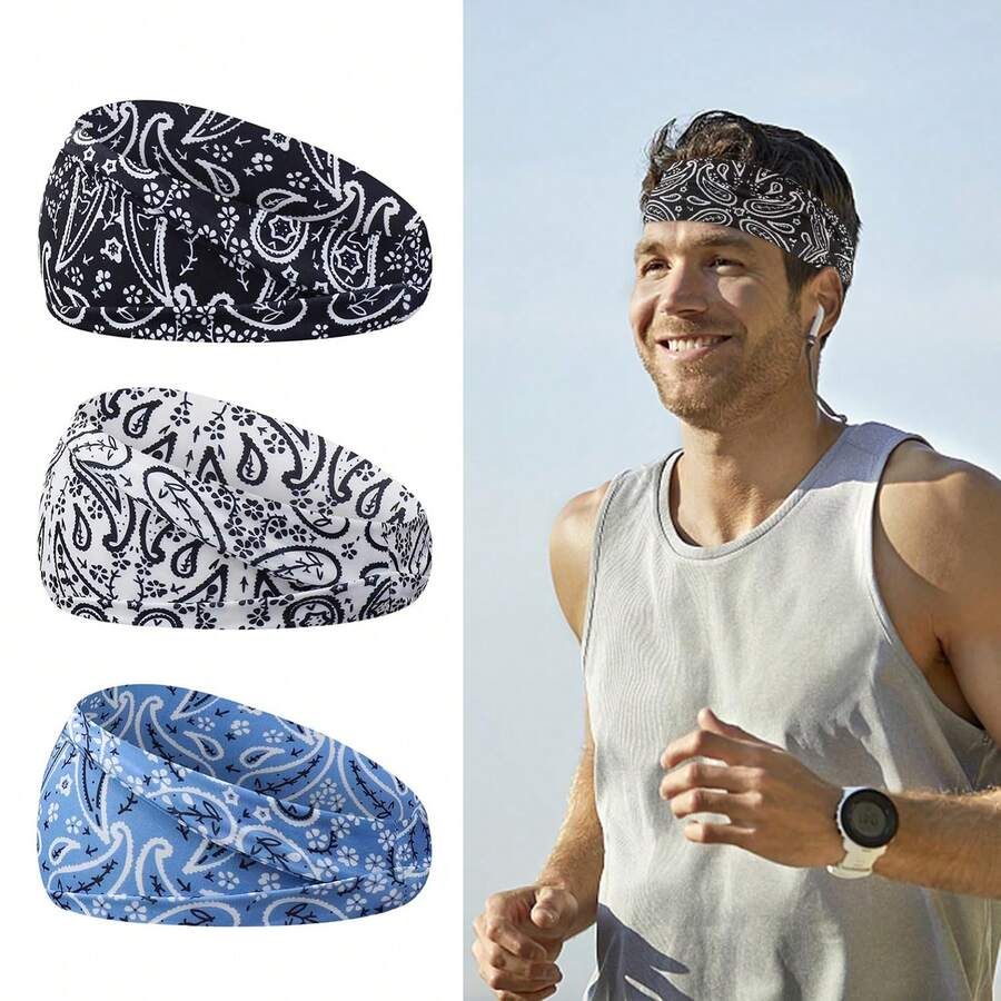 1pc Men Sports Headband, Sweat Absorbent Elastic Paisley Print Fitness Headband