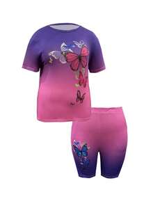 Plus Size Fashionable Women's Letter Butterfly Print Casual Shorts And Short-Sleeve Top Two-Piece Set; Digital Print Casual Suit Pants With Pockets - 玫紅色 - 查看 3