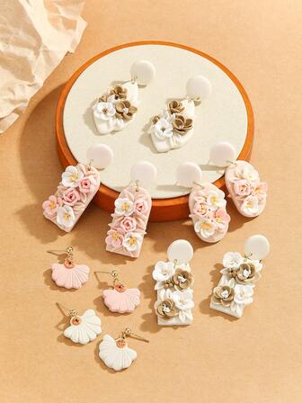 1 Pair Handmade Polymer Clay Floral Statement Dangle Earrings For Women Girls 3D Flower Bouquet Design Lightweight Nickel Free Hypoallergenic Cute Kawaii Aesthetic Boho Cottagecore Elegant For Daily Office Date Night Wedding Bridesmaid Party Vacation Spring Summer Gift For Her Multicolor