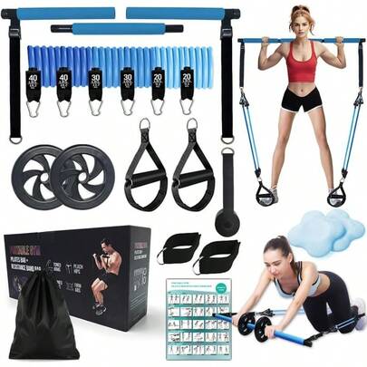 Pilates Bar Kit With 180LBS Resistance Bands 2030 40 LB 21PCS Pilates Equipment Exercise Bar With Ab Roller Portable Home Gym Fitness Pilates Bar For Women And Men
