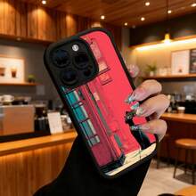 Cubierta de telefono para iPhone con borde negro diseño de gato con sombrero en fachada roja estilo urbano elegante para uso diario y trabajo - Burdeos - Ver 6