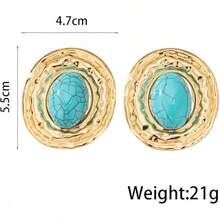 Chunky Gold Turquoise Statement Earrings Women,Vintage Big Oval Dangle Drop Earrings,Boho Exaggerated Western Jewelry Accessories - màu ngọc lam - Xem 7