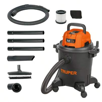 Aspiradora de sólidos y líquidos, 4 gal, plástica, negra • Motor de 3 HP • Capacidad del tanque 4 gal (15 L) • Cable de alimentación 3.3 m • Aspira líquidos y sólidos  • Manguera flexible con diámetro de 1 7/8" con ajuste para accesorios • Ruedas que giran 360° para fácil transportación • Conexión rápida con regulador de succión  Especificaciones Potencia máxima 3 HP (2,200 W) Potencia nominal 1.1 HP (800 W) Capacidad del tanque 15 L (4 gal) Largo de manguera 1.5 m Capacidad de succión de líquido 9 L Tensión / Frecuencia 127 V / 60 Hz Ciclo de trabajo 40 minutos de trabajo por 20 minutos de descanso. Máximo diario 4 horas Peso 5.5 kg Empaque individual Caja Incluye Manguera de 1.5 m (5 ft), Ø 1 7/8" (48 mm) con regulador de succión Boquillas (3): con cepillo redondo, para ranuras, para piso y alfombra Tubos de extensión (3): Ø 1 7/8" (48 mm) y soporte de extensión Filtros (2): de espuma para líquidos y HEPA para sólidos y líquidos