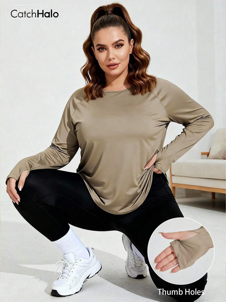 Plus Size Women Long Sleeve Sports Top With Thumb Hole, Loose Breathable Moisture-Wicking Athletic T-Shirt