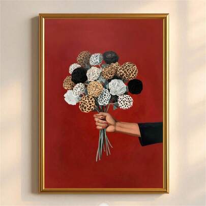 1 Pc Cheetah Flowers On Red Print, Modern Floral Bouquet Wall Art, Girl Dorm Decor, Botanical Fashion Poster, Wall Decor, Modern Minimalist Style Posters, Living Room And Room Decoration, Bathroom Decoration, Ideal Gift, No Frame