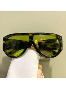 2D Flat Punk Frog Shape Glasses - Oversized Flat Top Frame With Metal Hinges, Black Tortoiseshell Decoration, Unisex Fashion Accessories, Bold Design,  And Unique Piece, Fashionable And Avant-Garde Glasses - 綠色豹 - 查看 1