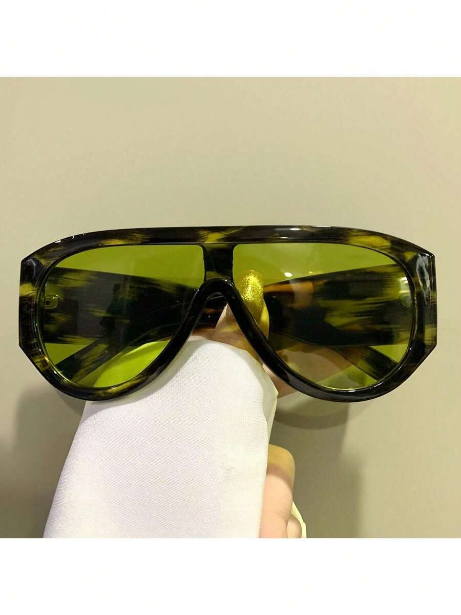 2D Flat Punk Frog Shape Glasses - Oversized Flat Top Frame With Metal Hinges, Black Tortoiseshell Decoration, Unisex Fashion Accessories, Bold Design, And Unique Piece, Fashionable And Avant-Garde Glasses - 綠色豹 - 查看 1