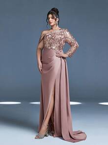 Mgiacy New Arrival One Shoulder Fancy Plus Size Evening Gown Dress Ruffle Sequin Ruched Piaopian High Slit Satin Long Dress