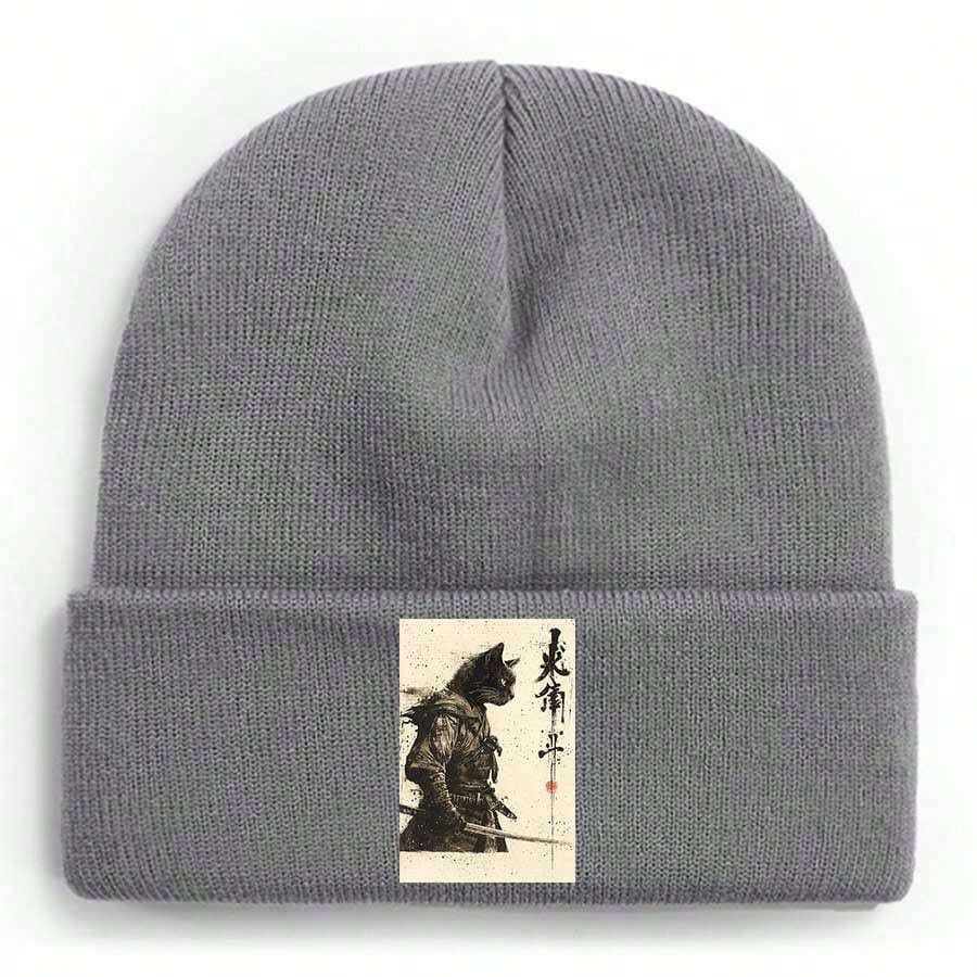 A Cat In Samurai Armor  A Unique And Intriguing Artwork Winter Beanie For Men Women Soft Warm Knit Hat Ski Stocking Cuffed Cap - Xám - Xem 1