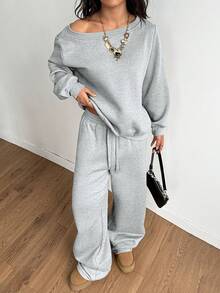 GLOpass Casual Solid Color Off-Shoulder Loose Sweatshirt And Pants Two Pieces Set For Women, Versatile For Daily Wear, Autumn/Winter