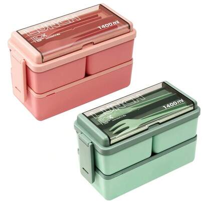 Double Layer Leakproof Bento Lunch Box With Fork & Spoon, Stackable Meal Prep Container For Work, School, Picnic (Green + Pink)