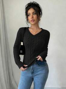 1 pezzo Maglione lavorato a maglia semplice e monocromatico, comodo e casual, adatto per l'uso all'aperto, caldo e spesso, con scollo a V, adatto per primavera, autunno e inverno, per donne e ragazze - nero - Visualizzare 2