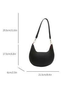 1pc PU Solid Color Zipper Crescent Underarm Bag, Fashionable Retro Shoulder Bag, Suitable For Office Ladies, Versatile (Lychee Pattern Style) - Black - View 10