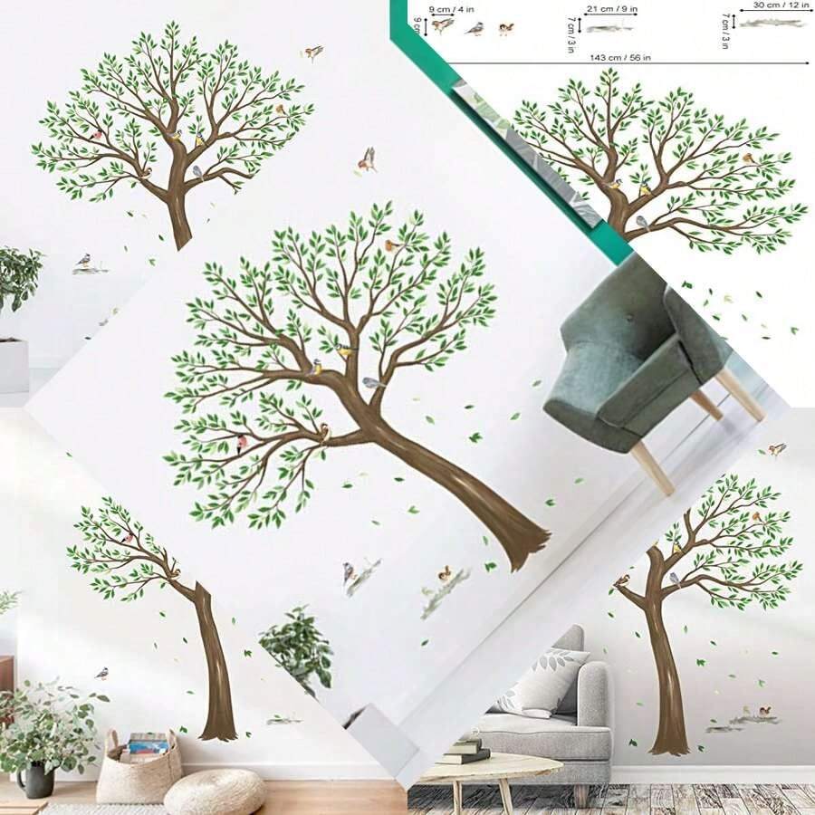 Wondever Large Tree Wall Stickers For Living Room/Bedroom TV Wall Decor (H: 63inchs), Green Leaves & Birds Peel & Stick Wall Decals - As Pic - View 1