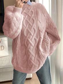 大码宽松休闲圆领长袖针织毛衣 - 粉色 - 查看 1