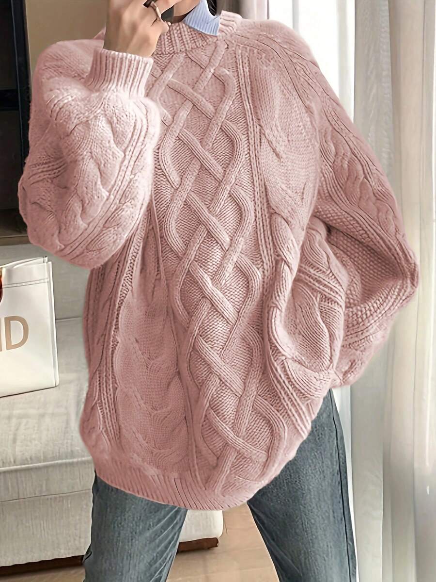 大码宽松休闲圆领长袖针织毛衣 - 粉色 - 查看 1