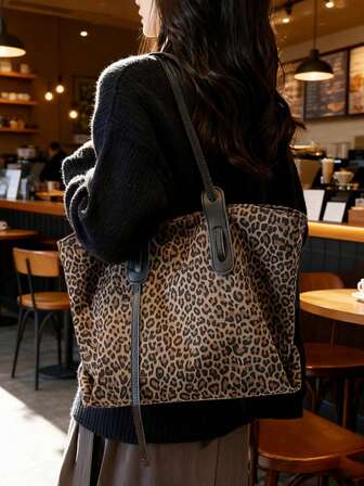 1pc Women's Leopard Print Tote Bag, Fashionable, Versatile, Durable, Suitable For Work, Shopping, Dating, Commuting And Daily Use